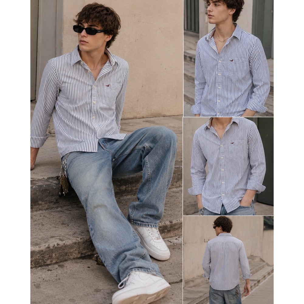 Hollister Button Down Shirt Mens L Blue White Striped Long Sleeve Logo